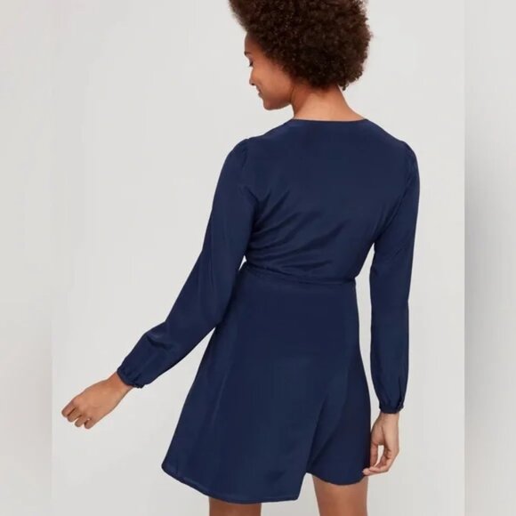 Aritzia Wilfred Silk Diane Wrap Mini Dress Long Sleeve Navy Blue Size Small - Picture 4 of 9
